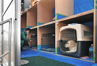 災害時にペットの一時保護スペースとして活用されるトレーラーハウス